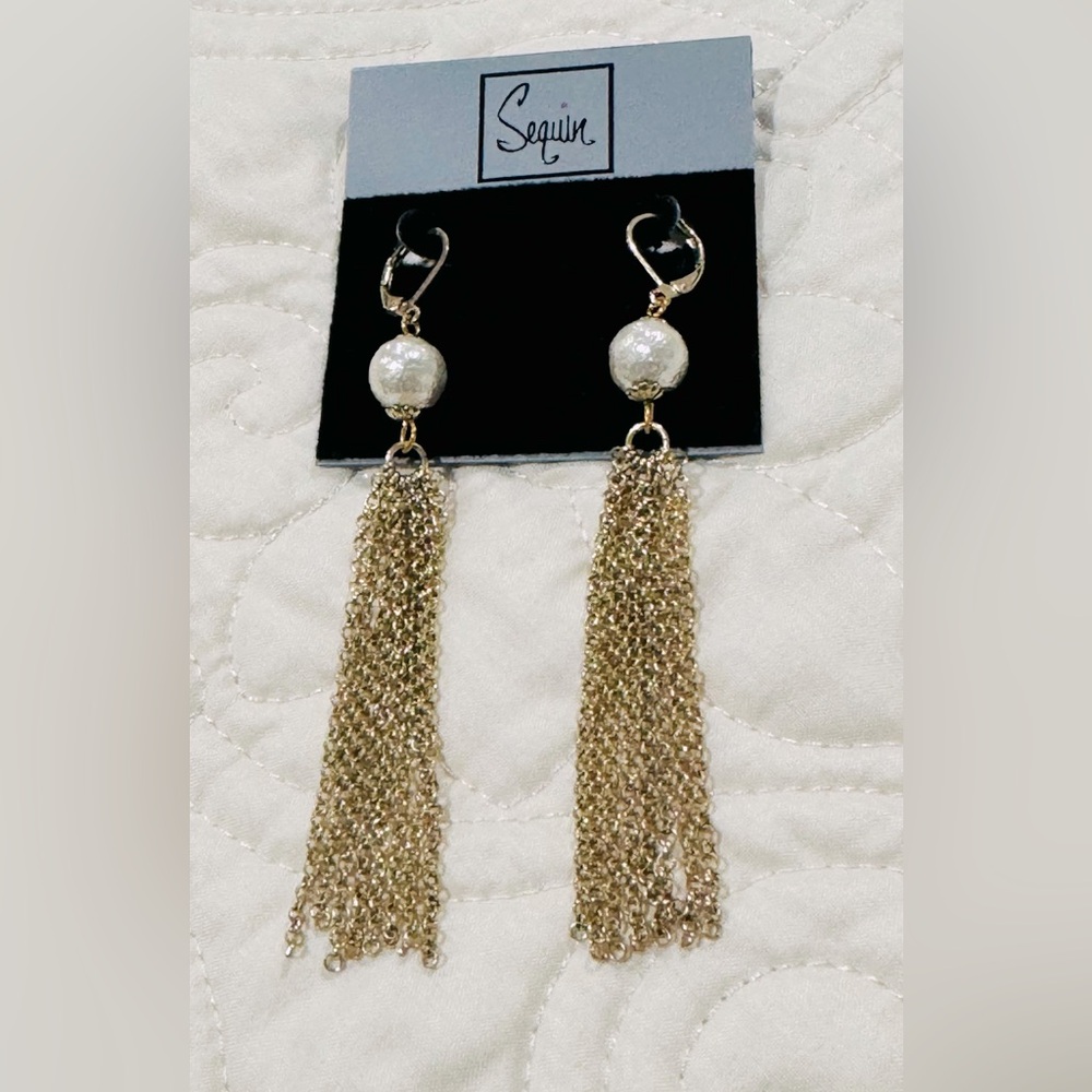 Sequin Faux Pearl Gold Tone Chain Tassel Earrings NWT